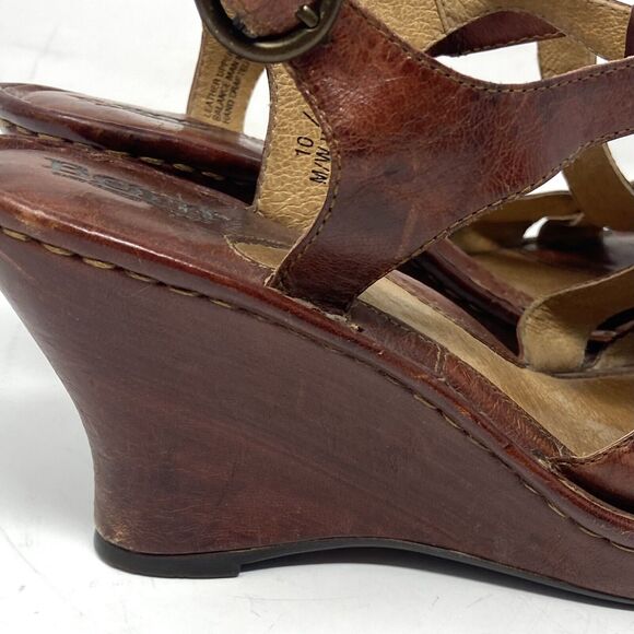 Born Wedge Heel T Strap Sandals Brown Leather - Picture 3 of 8